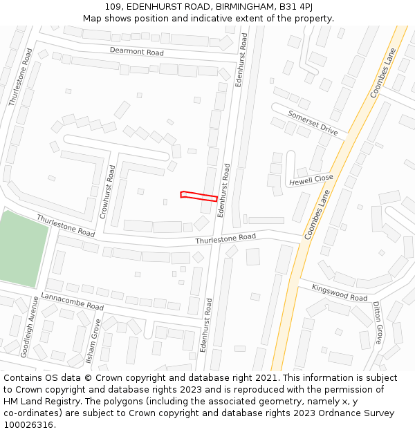 109, EDENHURST ROAD, BIRMINGHAM, B31 4PJ: Location map and indicative extent of plot
