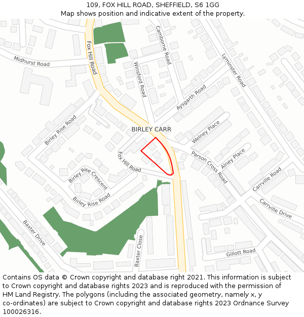 109, FOX HILL ROAD, SHEFFIELD, S6 1GG: Location map and indicative extent of plot
