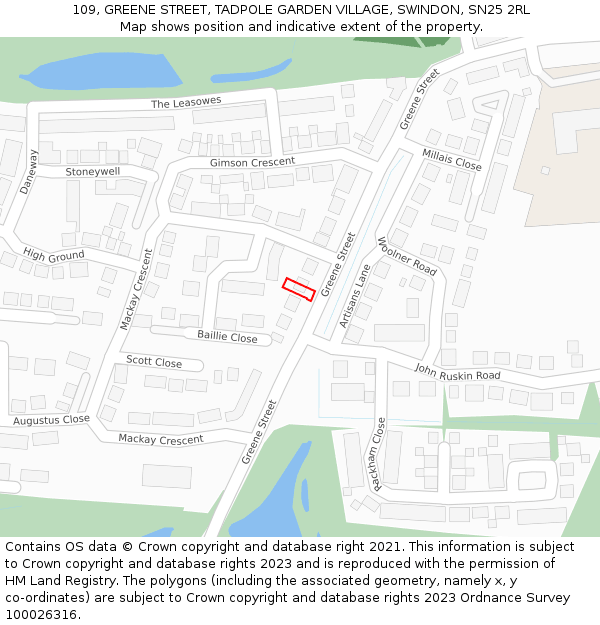 109, GREENE STREET, TADPOLE GARDEN VILLAGE, SWINDON, SN25 2RL: Location map and indicative extent of plot