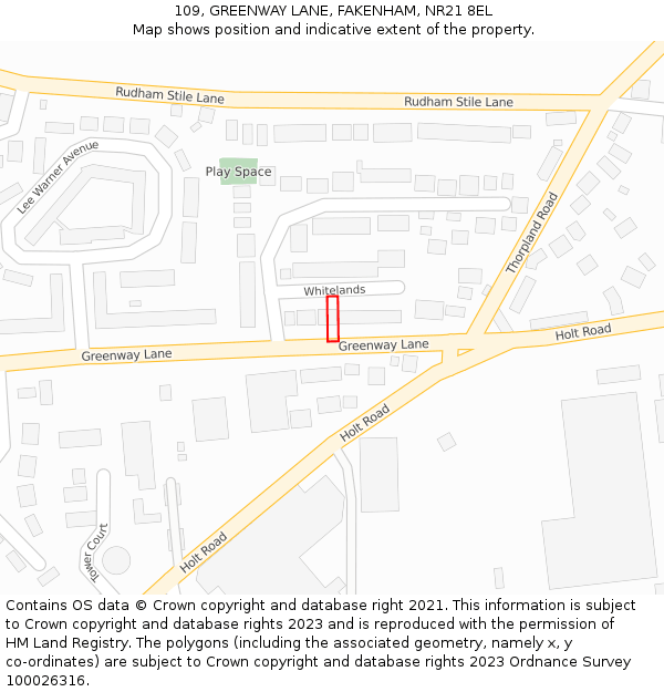 109, GREENWAY LANE, FAKENHAM, NR21 8EL: Location map and indicative extent of plot