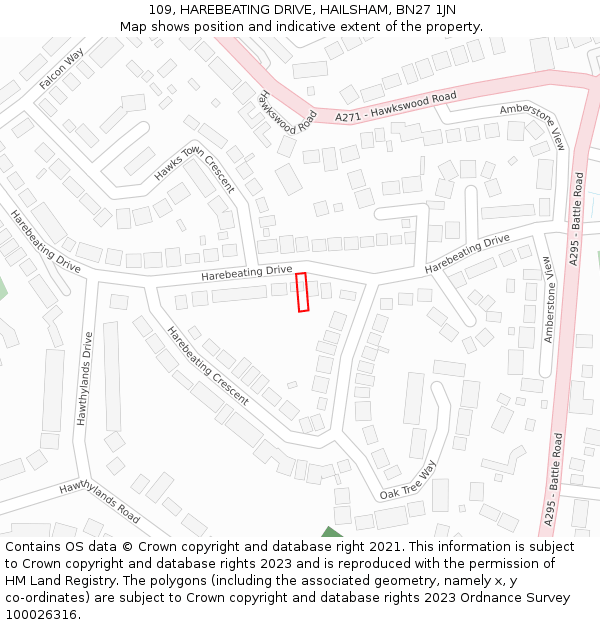 109, HAREBEATING DRIVE, HAILSHAM, BN27 1JN: Location map and indicative extent of plot