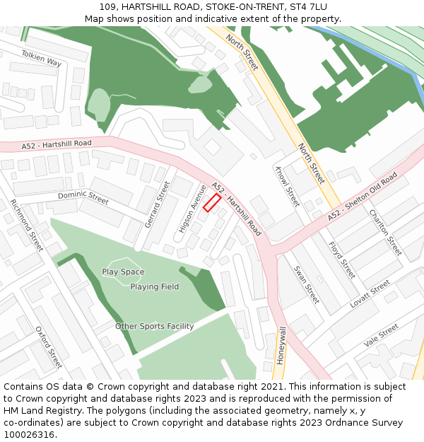 109, HARTSHILL ROAD, STOKE-ON-TRENT, ST4 7LU: Location map and indicative extent of plot