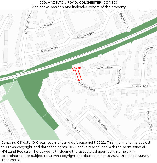 109, HAZELTON ROAD, COLCHESTER, CO4 3DX: Location map and indicative extent of plot