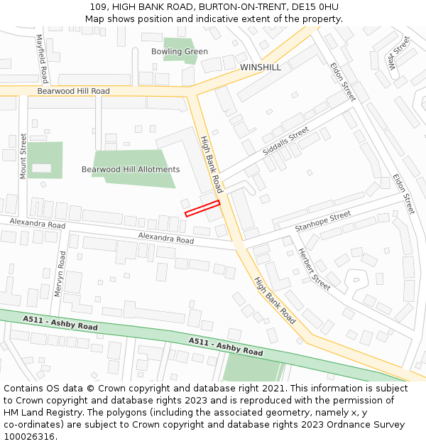 109, HIGH BANK ROAD, BURTON-ON-TRENT, DE15 0HU: Location map and indicative extent of plot