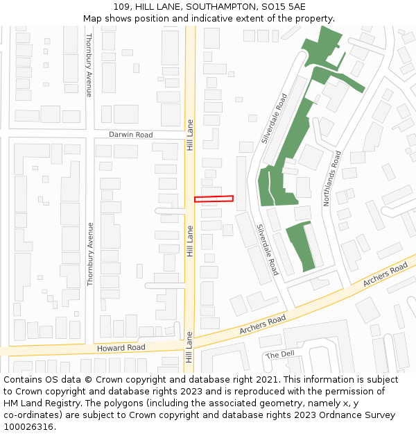 109, HILL LANE, SOUTHAMPTON, SO15 5AE: Location map and indicative extent of plot