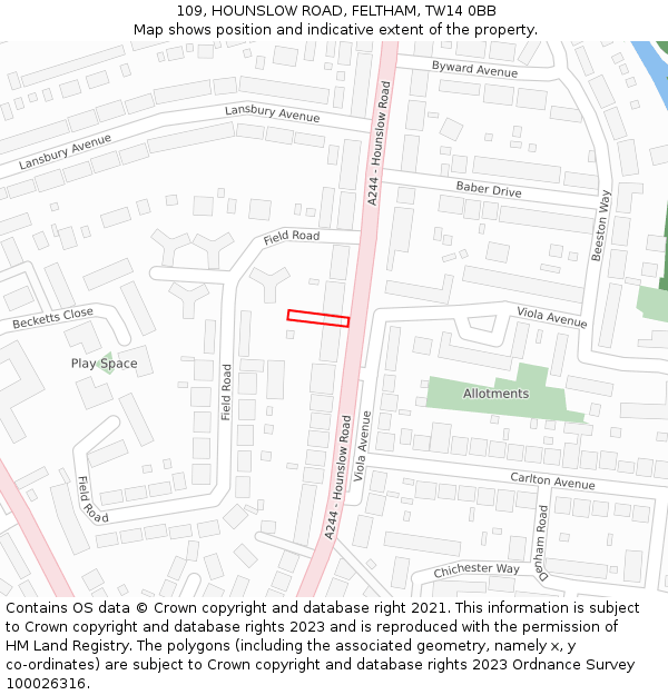 109, HOUNSLOW ROAD, FELTHAM, TW14 0BB: Location map and indicative extent of plot