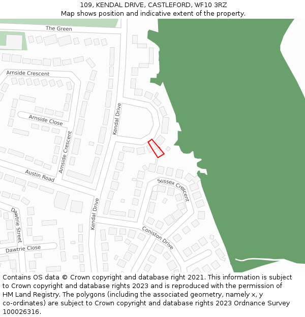 109, KENDAL DRIVE, CASTLEFORD, WF10 3RZ: Location map and indicative extent of plot