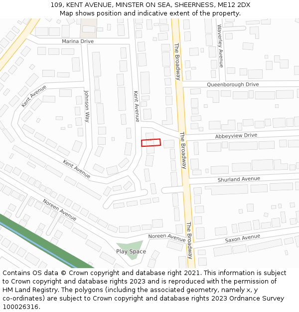 109, KENT AVENUE, MINSTER ON SEA, SHEERNESS, ME12 2DX: Location map and indicative extent of plot
