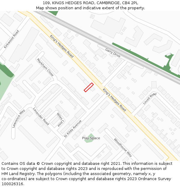 109, KINGS HEDGES ROAD, CAMBRIDGE, CB4 2PL: Location map and indicative extent of plot