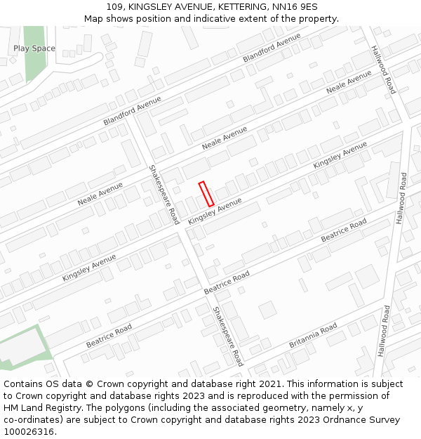 109, KINGSLEY AVENUE, KETTERING, NN16 9ES: Location map and indicative extent of plot