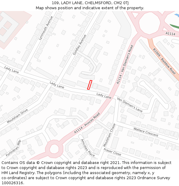 109, LADY LANE, CHELMSFORD, CM2 0TJ: Location map and indicative extent of plot