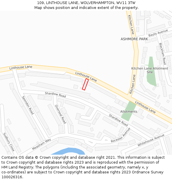 109, LINTHOUSE LANE, WOLVERHAMPTON, WV11 3TW: Location map and indicative extent of plot