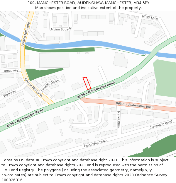 109, MANCHESTER ROAD, AUDENSHAW, MANCHESTER, M34 5PY: Location map and indicative extent of plot