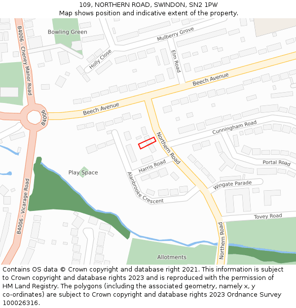 109, NORTHERN ROAD, SWINDON, SN2 1PW: Location map and indicative extent of plot