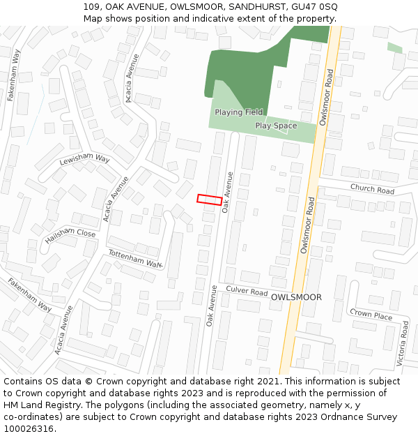 109, OAK AVENUE, OWLSMOOR, SANDHURST, GU47 0SQ: Location map and indicative extent of plot