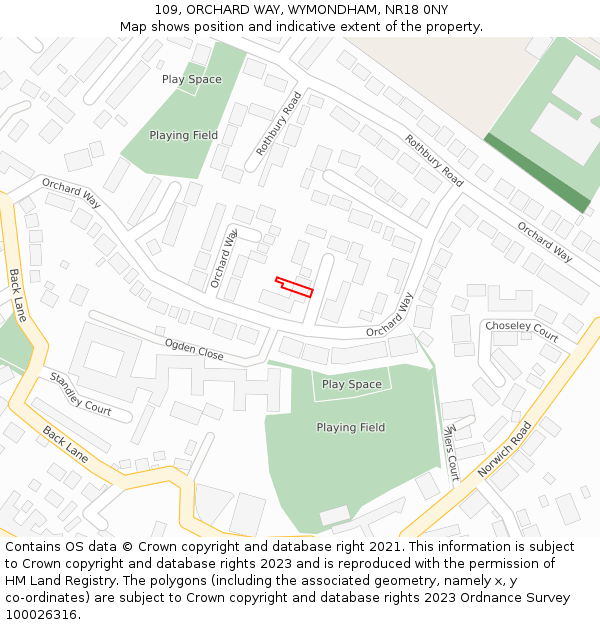 109, ORCHARD WAY, WYMONDHAM, NR18 0NY: Location map and indicative extent of plot