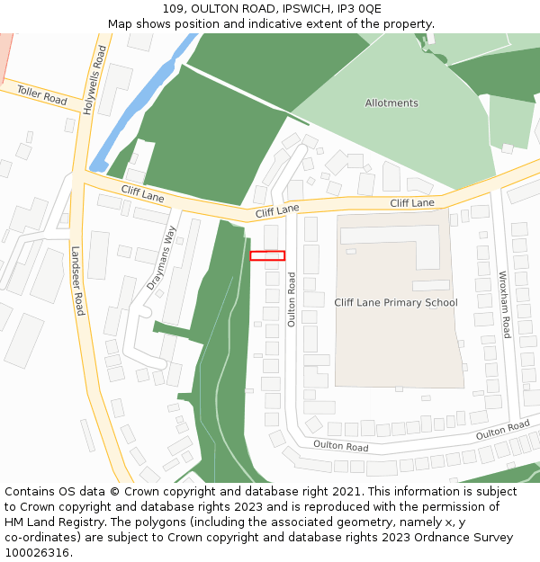 109, OULTON ROAD, IPSWICH, IP3 0QE: Location map and indicative extent of plot