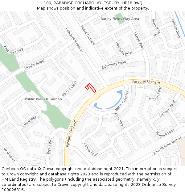 109, PARADISE ORCHARD, AYLESBURY, HP18 0WQ: Location map and indicative extent of plot