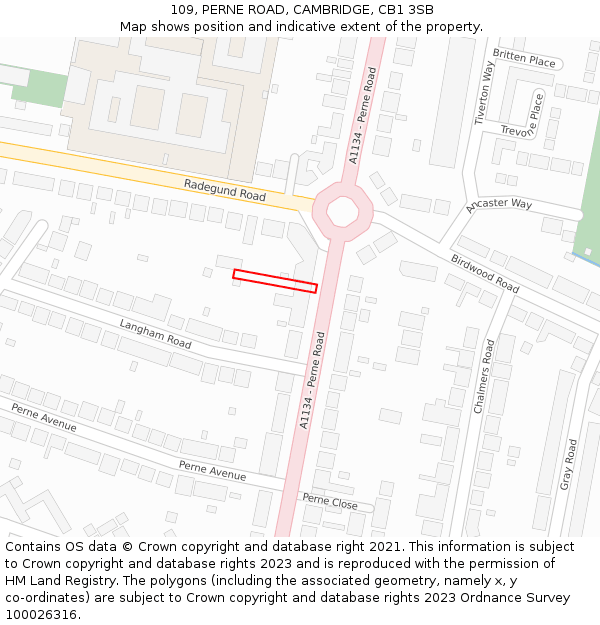 109, PERNE ROAD, CAMBRIDGE, CB1 3SB: Location map and indicative extent of plot