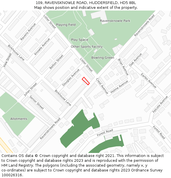 109, RAVENSKNOWLE ROAD, HUDDERSFIELD, HD5 8BL: Location map and indicative extent of plot