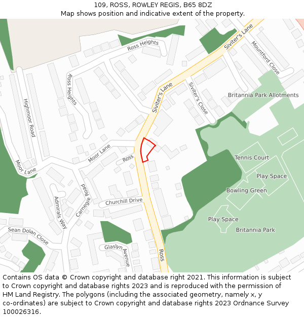 109, ROSS, ROWLEY REGIS, B65 8DZ: Location map and indicative extent of plot