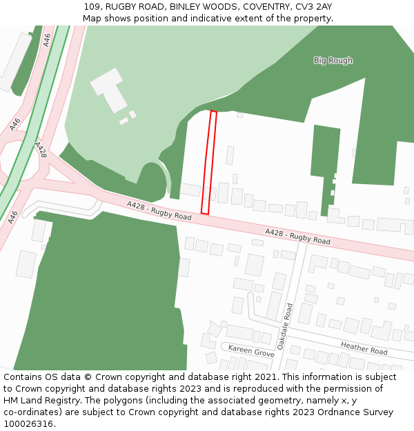 109, RUGBY ROAD, BINLEY WOODS, COVENTRY, CV3 2AY: Location map and indicative extent of plot