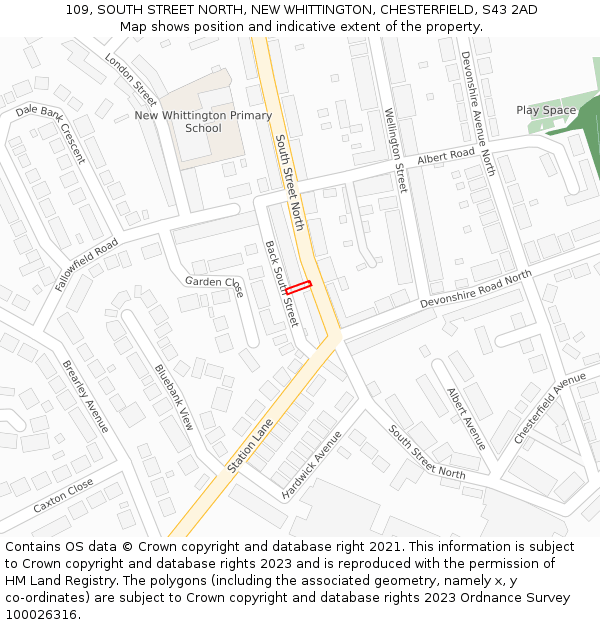 109, SOUTH STREET NORTH, NEW WHITTINGTON, CHESTERFIELD, S43 2AD: Location map and indicative extent of plot