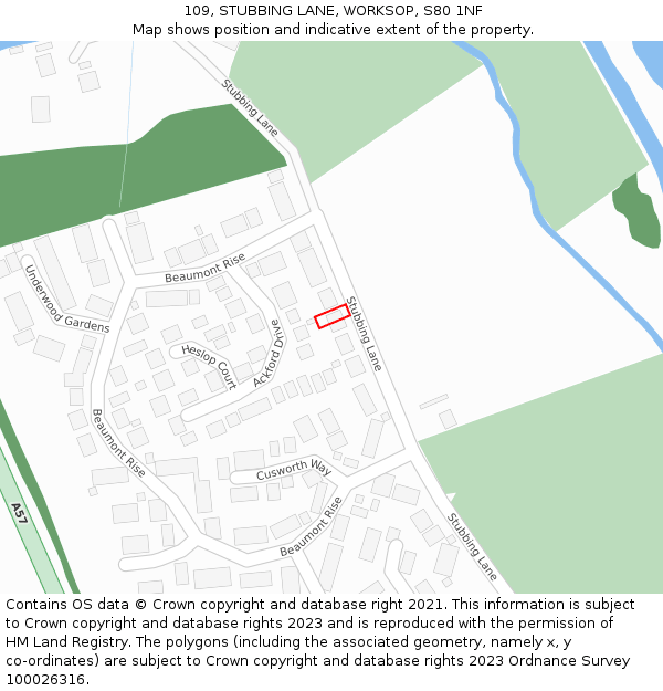 109, STUBBING LANE, WORKSOP, S80 1NF: Location map and indicative extent of plot