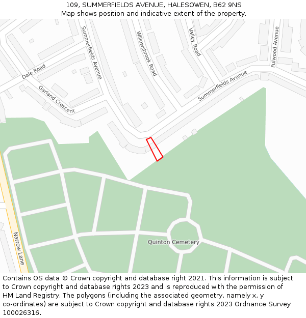 109, SUMMERFIELDS AVENUE, HALESOWEN, B62 9NS: Location map and indicative extent of plot