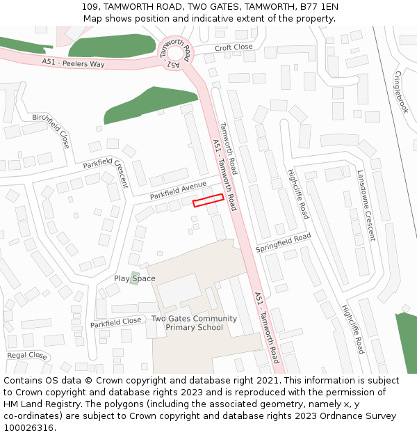 109, TAMWORTH ROAD, TWO GATES, TAMWORTH, B77 1EN: Location map and indicative extent of plot
