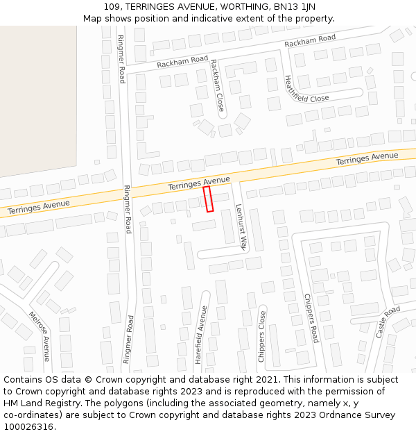 109, TERRINGES AVENUE, WORTHING, BN13 1JN: Location map and indicative extent of plot