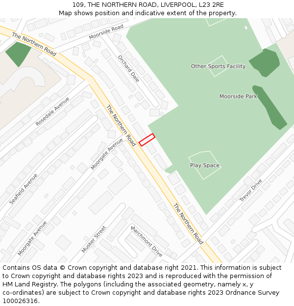 109, THE NORTHERN ROAD, LIVERPOOL, L23 2RE: Location map and indicative extent of plot