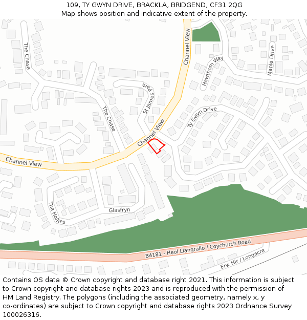 109, TY GWYN DRIVE, BRACKLA, BRIDGEND, CF31 2QG: Location map and indicative extent of plot