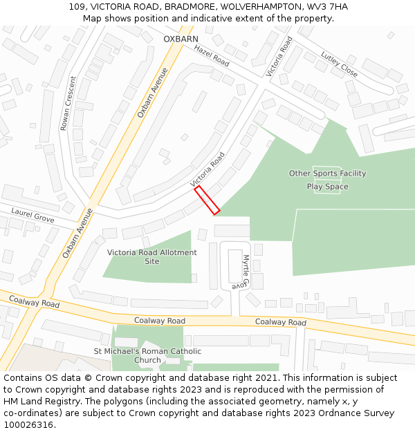 109, VICTORIA ROAD, BRADMORE, WOLVERHAMPTON, WV3 7HA: Location map and indicative extent of plot