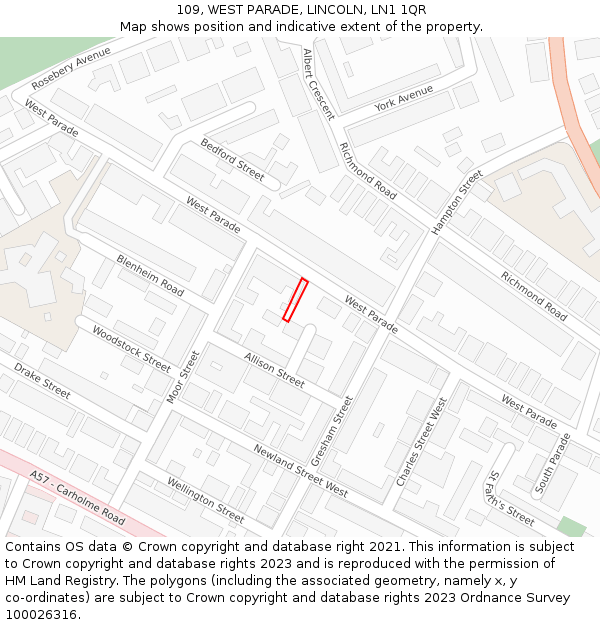 109, WEST PARADE, LINCOLN, LN1 1QR: Location map and indicative extent of plot