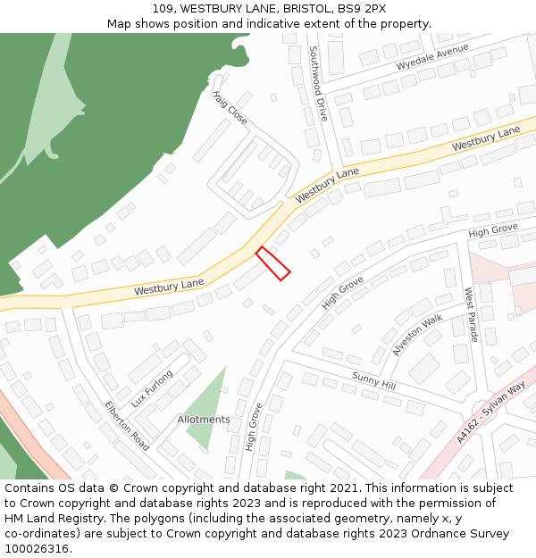 109, WESTBURY LANE, BRISTOL, BS9 2PX: Location map and indicative extent of plot