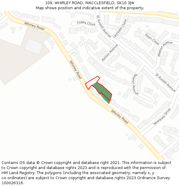 109, WHIRLEY ROAD, MACCLESFIELD, SK10 3JW: Location map and indicative extent of plot