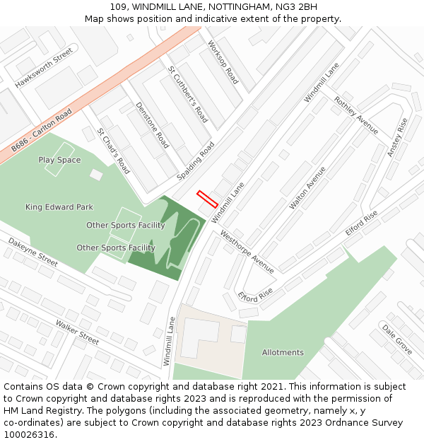 109, WINDMILL LANE, NOTTINGHAM, NG3 2BH: Location map and indicative extent of plot