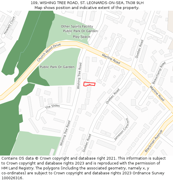 109, WISHING TREE ROAD, ST. LEONARDS-ON-SEA, TN38 9LH: Location map and indicative extent of plot