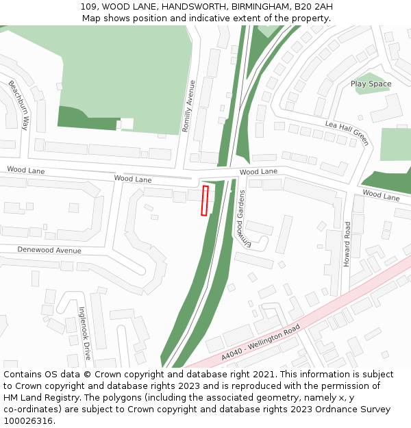 109, WOOD LANE, HANDSWORTH, BIRMINGHAM, B20 2AH: Location map and indicative extent of plot
