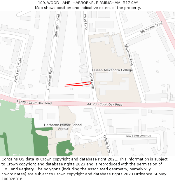 109, WOOD LANE, HARBORNE, BIRMINGHAM, B17 9AY: Location map and indicative extent of plot