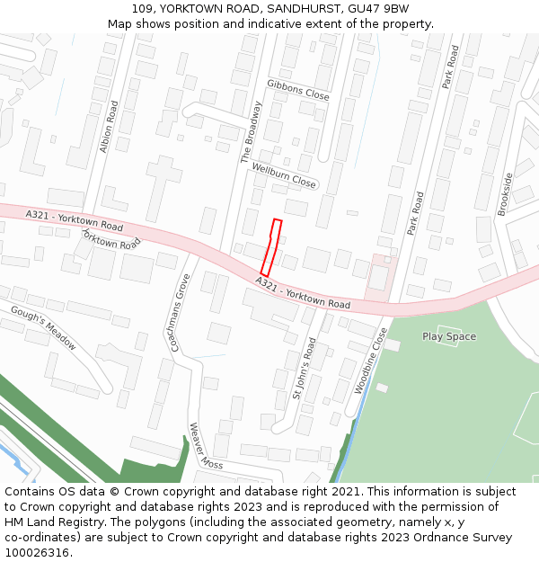 109, YORKTOWN ROAD, SANDHURST, GU47 9BW: Location map and indicative extent of plot