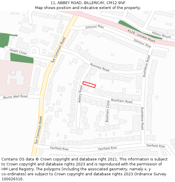 11, ABBEY ROAD, BILLERICAY, CM12 9NF: Location map and indicative extent of plot