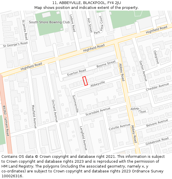 11, ABBEYVILLE, BLACKPOOL, FY4 2JU: Location map and indicative extent of plot