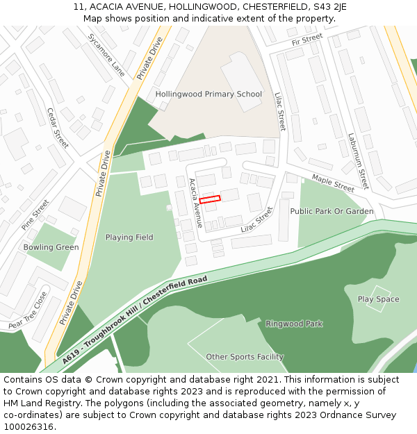 11, ACACIA AVENUE, HOLLINGWOOD, CHESTERFIELD, S43 2JE: Location map and indicative extent of plot