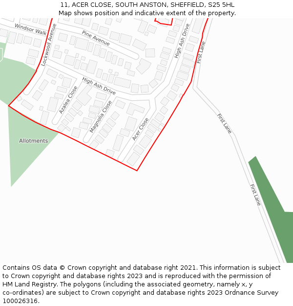 11, ACER CLOSE, SOUTH ANSTON, SHEFFIELD, S25 5HL: Location map and indicative extent of plot