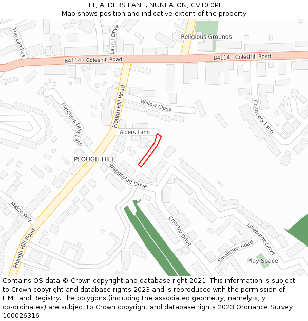 11, ALDERS LANE, NUNEATON, CV10 0PL: Location map and indicative extent of plot