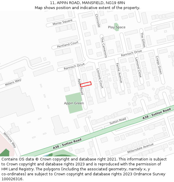 11, APPIN ROAD, MANSFIELD, NG19 6RN: Location map and indicative extent of plot