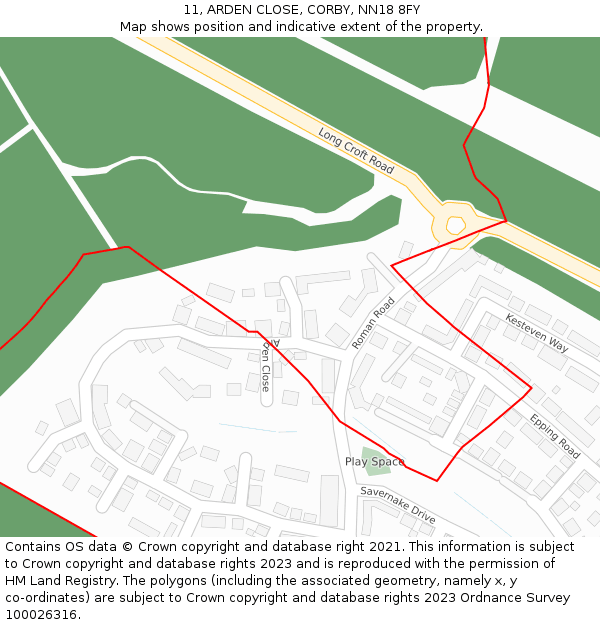 11, ARDEN CLOSE, CORBY, NN18 8FY: Location map and indicative extent of plot
