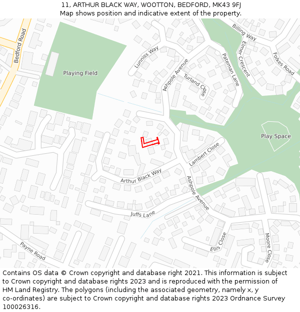 11, ARTHUR BLACK WAY, WOOTTON, BEDFORD, MK43 9FJ: Location map and indicative extent of plot